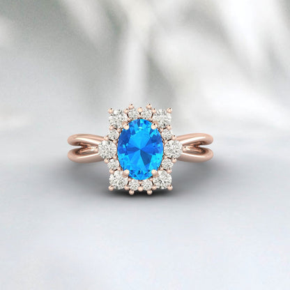 Oval Cut Swiss Blue Topaz Engagement Ring Promise Anniversary Gift