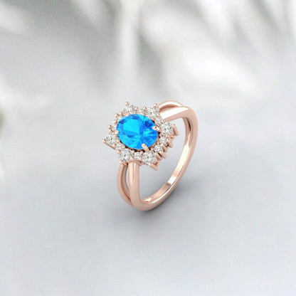 Oval Cut Swiss Blue Topaz Engagement Ring Promise Anniversary Gift