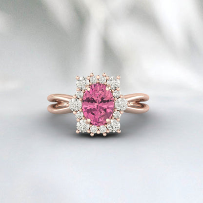 Bague de fiançailles ovale en tourmaline rose, bague de promesse de mariage