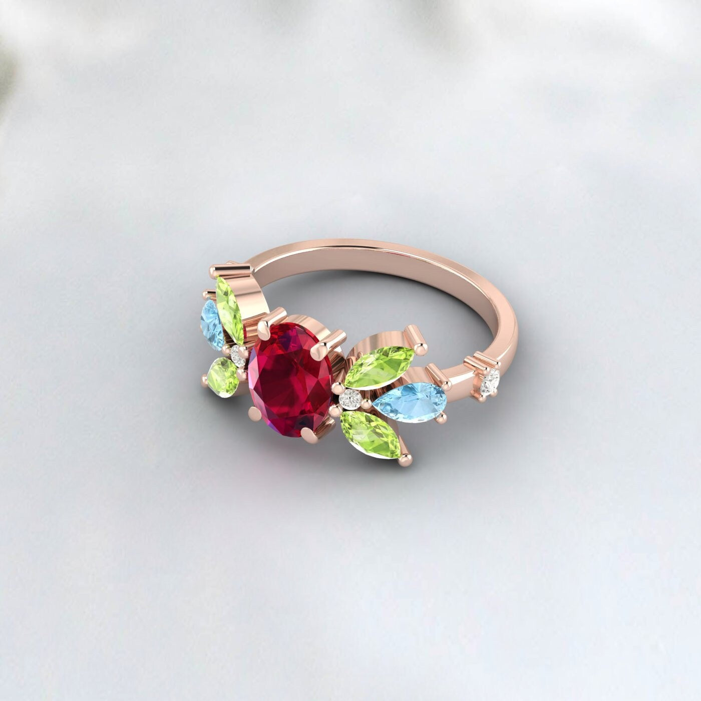 Bague rubis et péridot Ovel, bague de fiançailles en forme de poire, aigue-marine