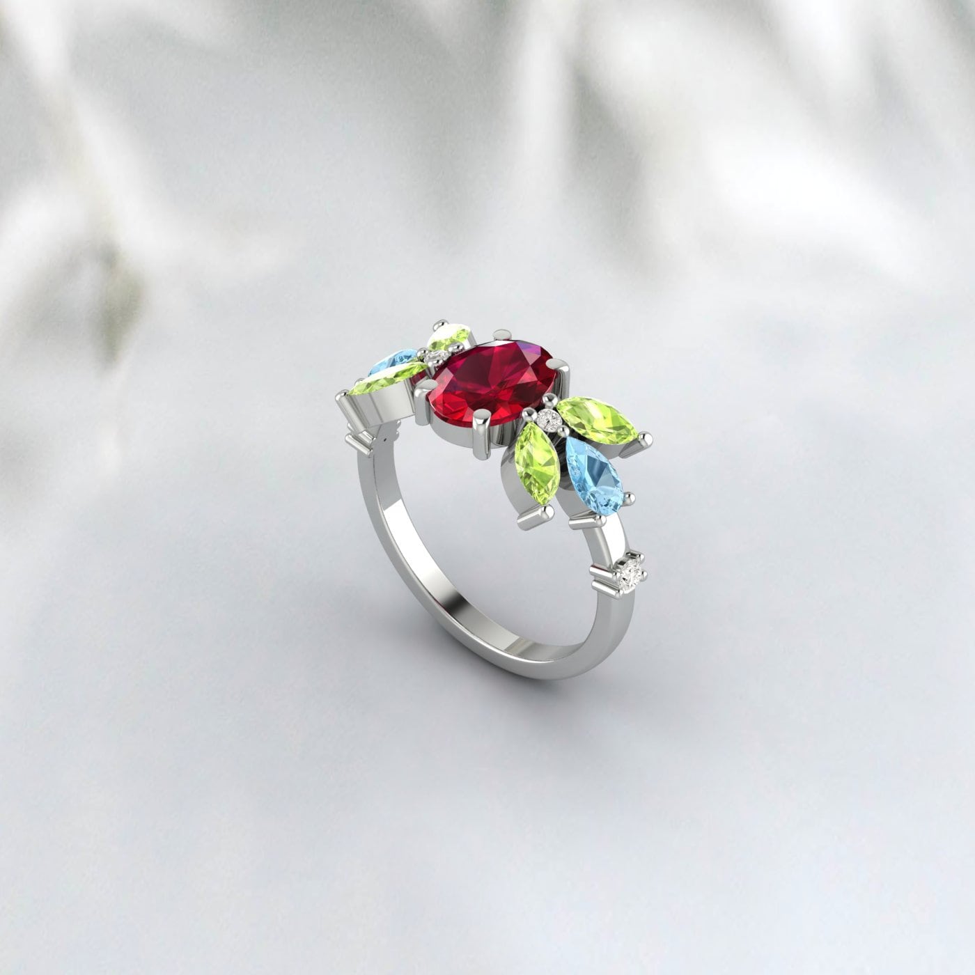 Bague rubis et péridot Ovel, bague de fiançailles en forme de poire, aigue-marine