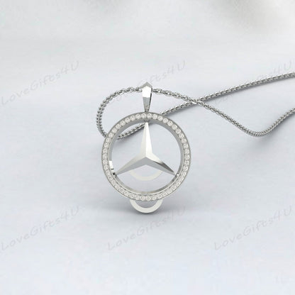 925 Sterling Silver Diamond Cut Mercedes Benz Emblem Pendant Reversable, Mercedes Charm Necklace, Simulated Diamond Pendant, Gift For Friend