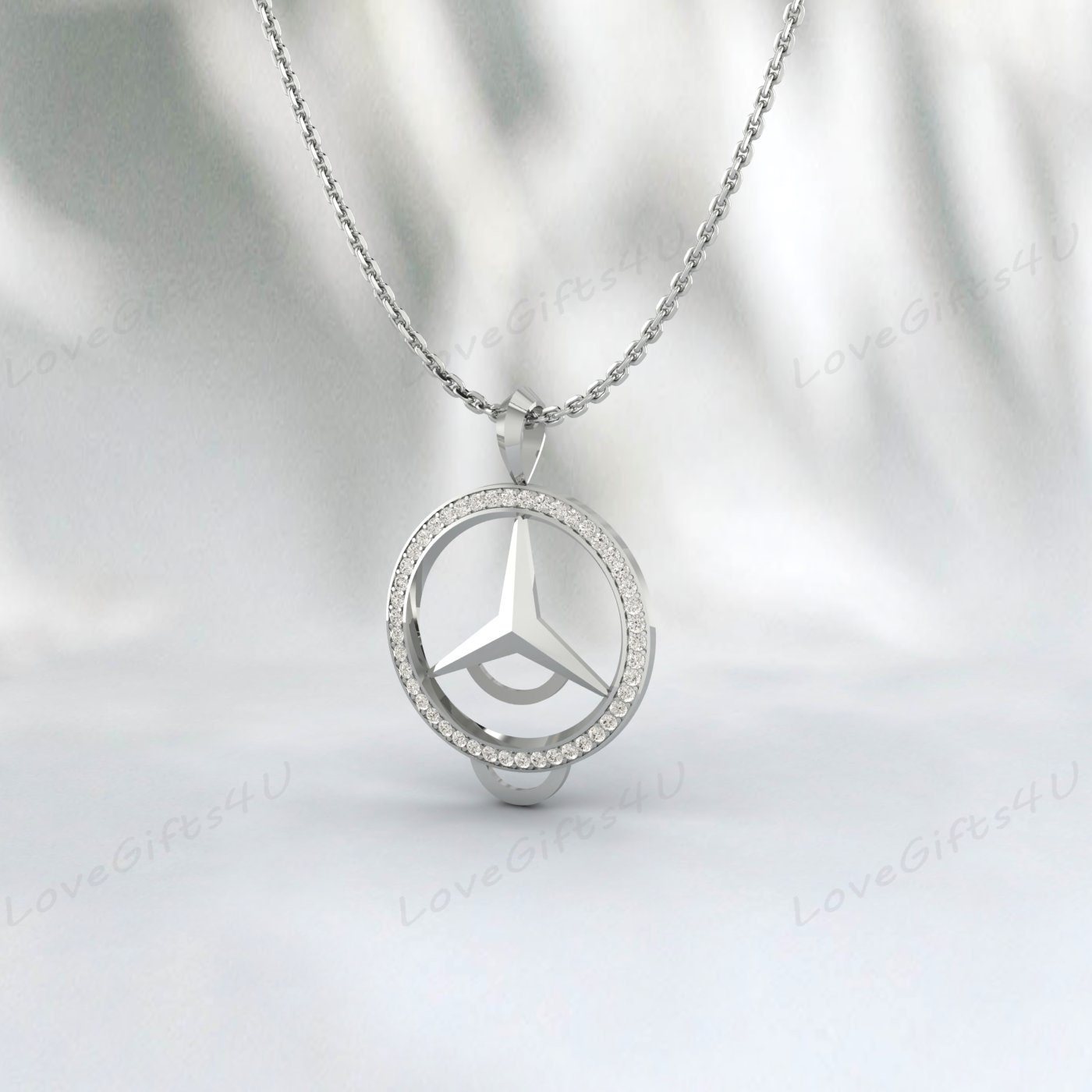 925 Sterling Silver Diamond Cut Mercedes Benz Emblem Pendant Reversable, Mercedes Charm Necklace, Simulated Diamond Pendant, Gift For Friend