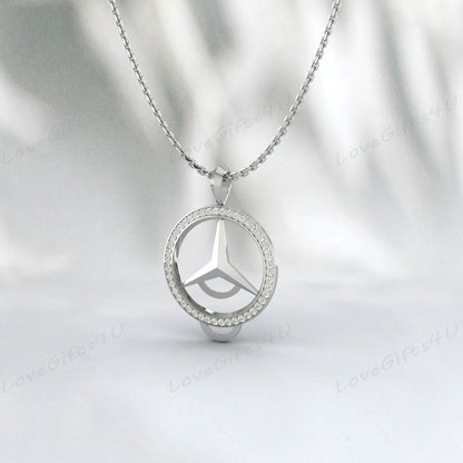 925 Sterling Silver Diamond Cut Mercedes Benz Emblem Pendentif réversible, Collier de charme Mercedes, Pendentif diamant simulé, Cadeau pour ami