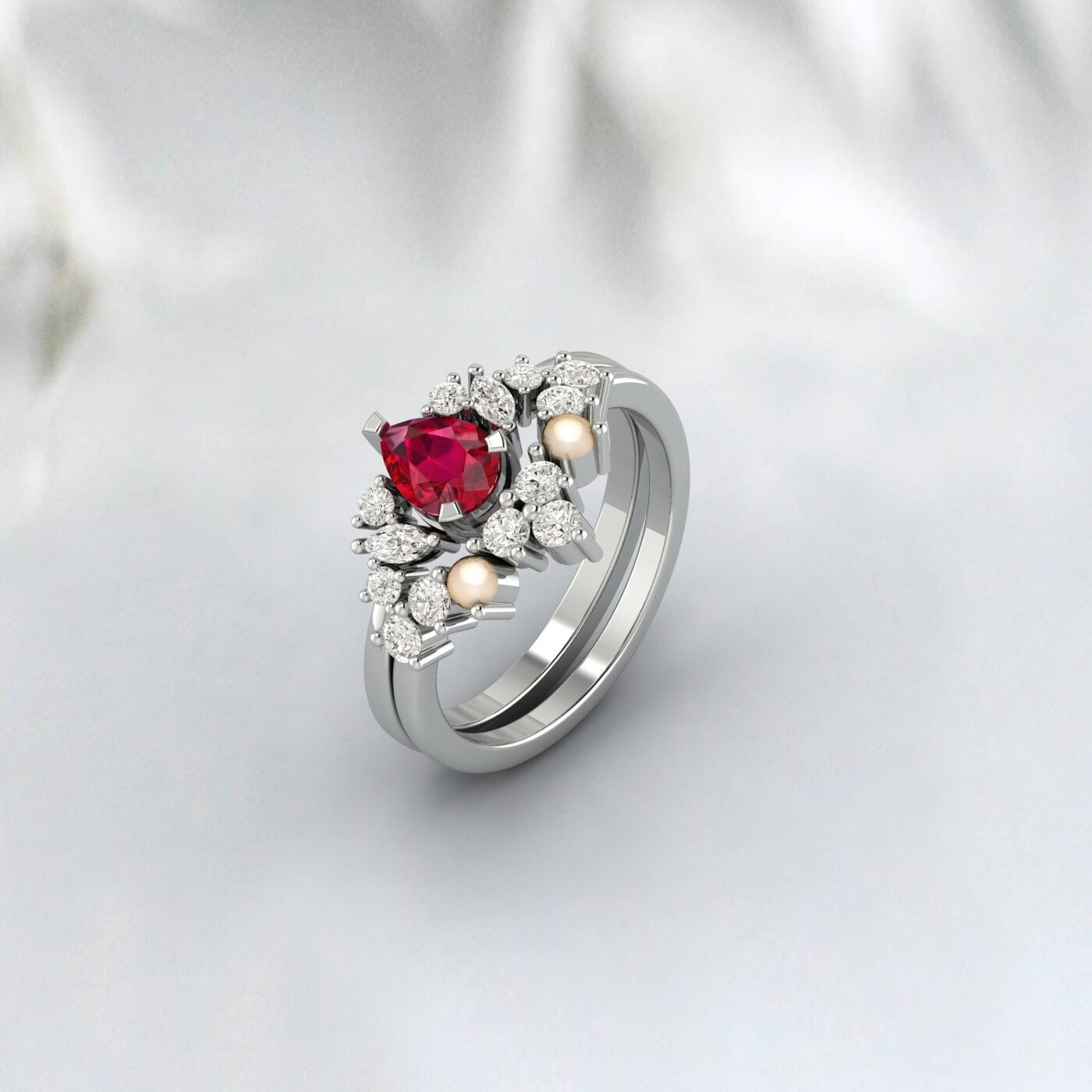 Bague de fiançailles rubis perle d'eau douce bague de mariage Halo de mariée 2 bague