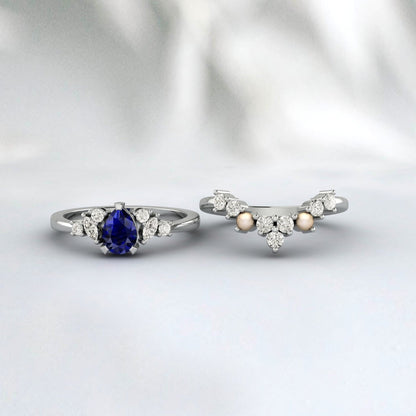 Blue Sapphire Engagement Ring Pearl promise Bridal Ring Diamond Ring