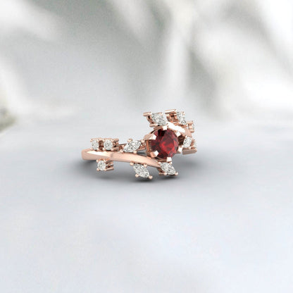 Natural Red Garnet Leaf Ring Rose Gold Promise Wedding Bridal Ring