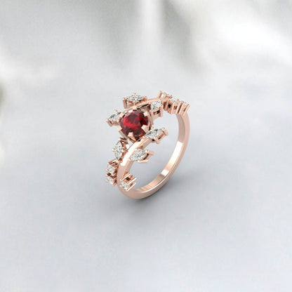 Natural Red Garnet Leaf Ring Rose Gold Promise Wedding Bridal Ring