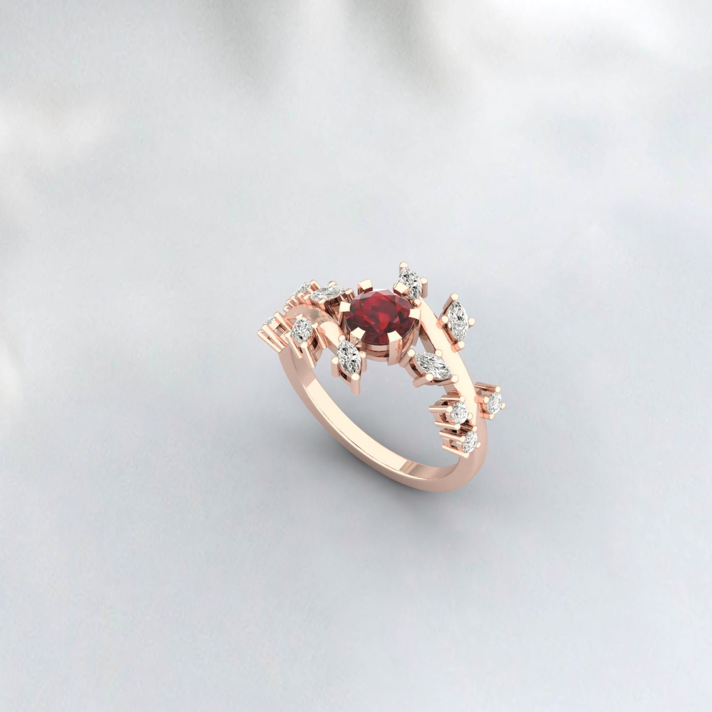 Natural Red Garnet Leaf Ring Rose Gold Promise Wedding Bridal Ring