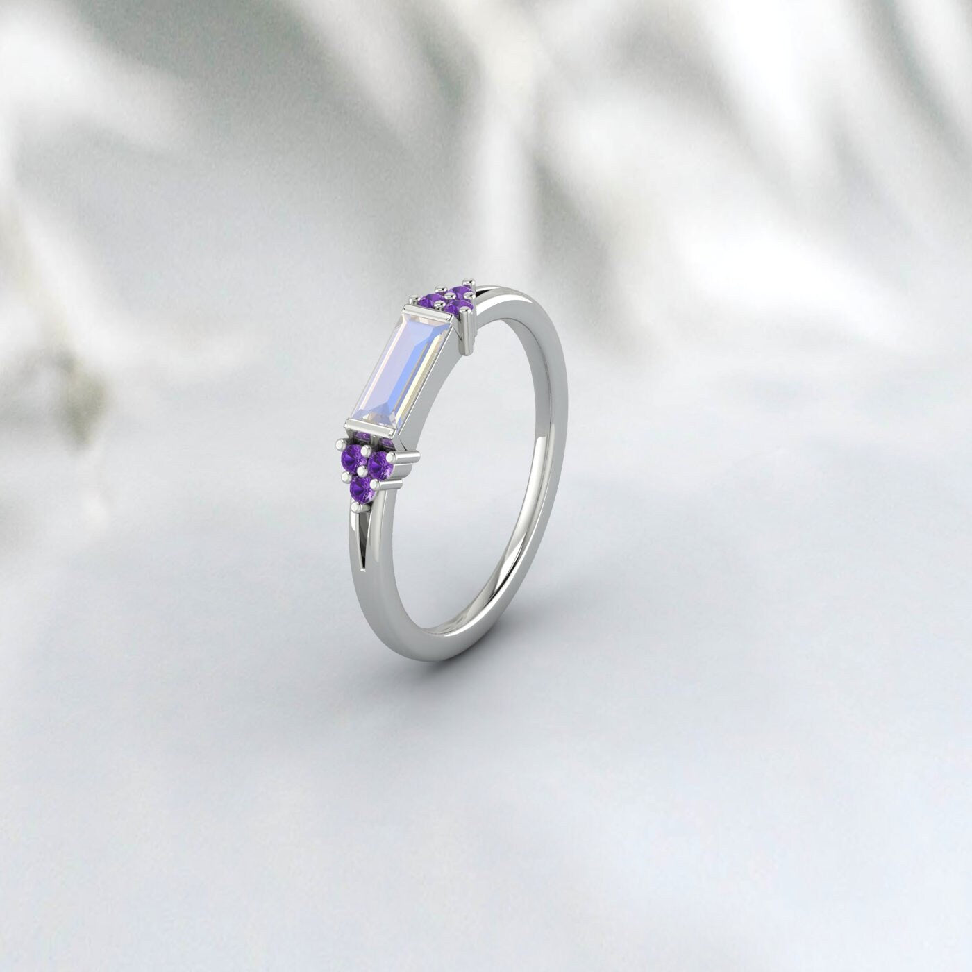 Natural Baguette Moonstone And Amethyst Ring 925 Sterling Silver Band