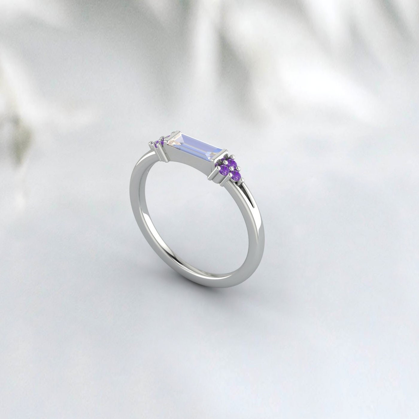 Natural Baguette Moonstone And Amethyst Ring 925 Sterling Silver Band