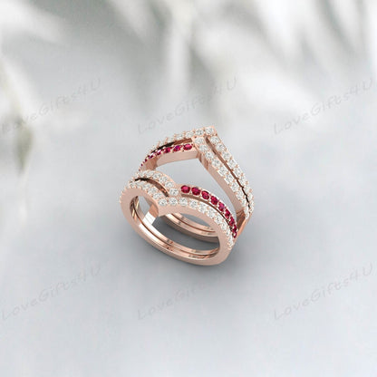 Curved Ruby & Diamond Wedding Enhancer Guard Double Ring For Women