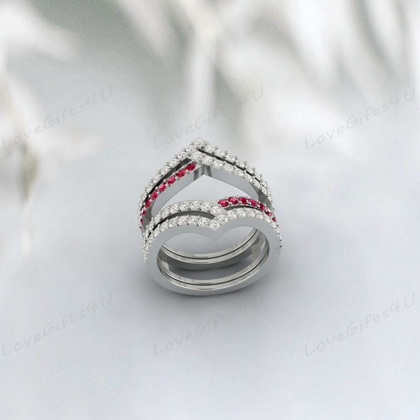 Curved Ruby & Diamond Wedding Enhancer Guard Double Ring For Women