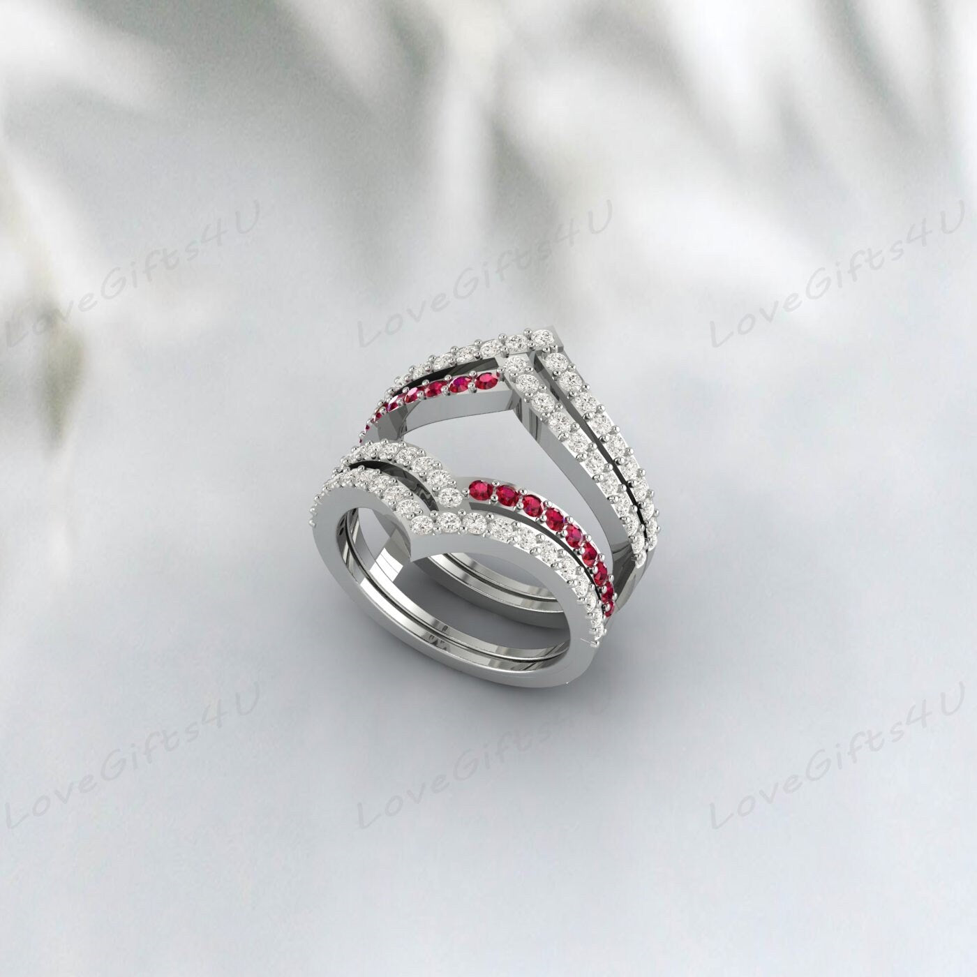 Curved Ruby & Diamond Wedding Enhancer Guard Double Ring For Women