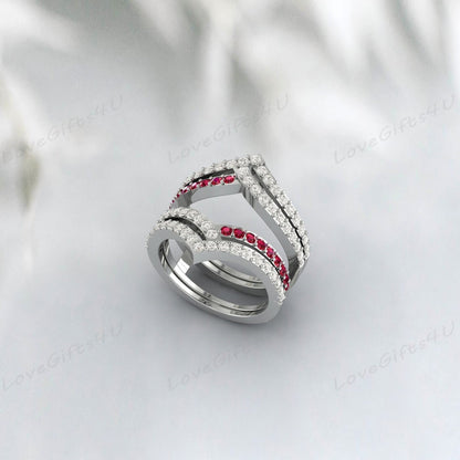 Curved Ruby & Diamond Wedding Enhancer Guard Double Ring For Women