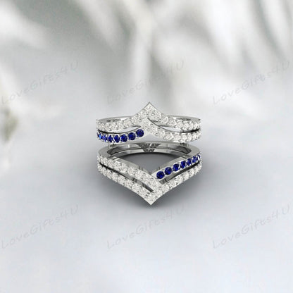 Bague de fiançailles rehausseur de mariage avec saphir bleu et couronne de diamants