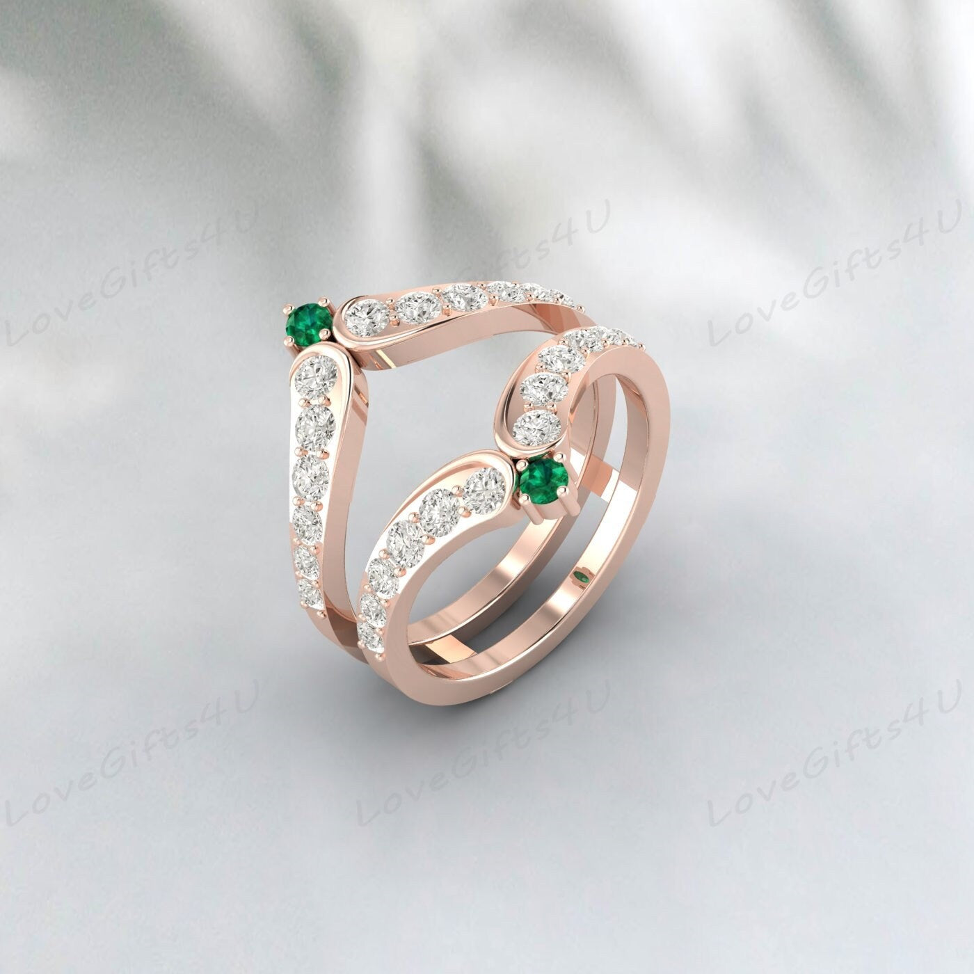 Bague de garde rehausseur d'émeraude verte et de diamant, bague Wra rehausseur de mariage