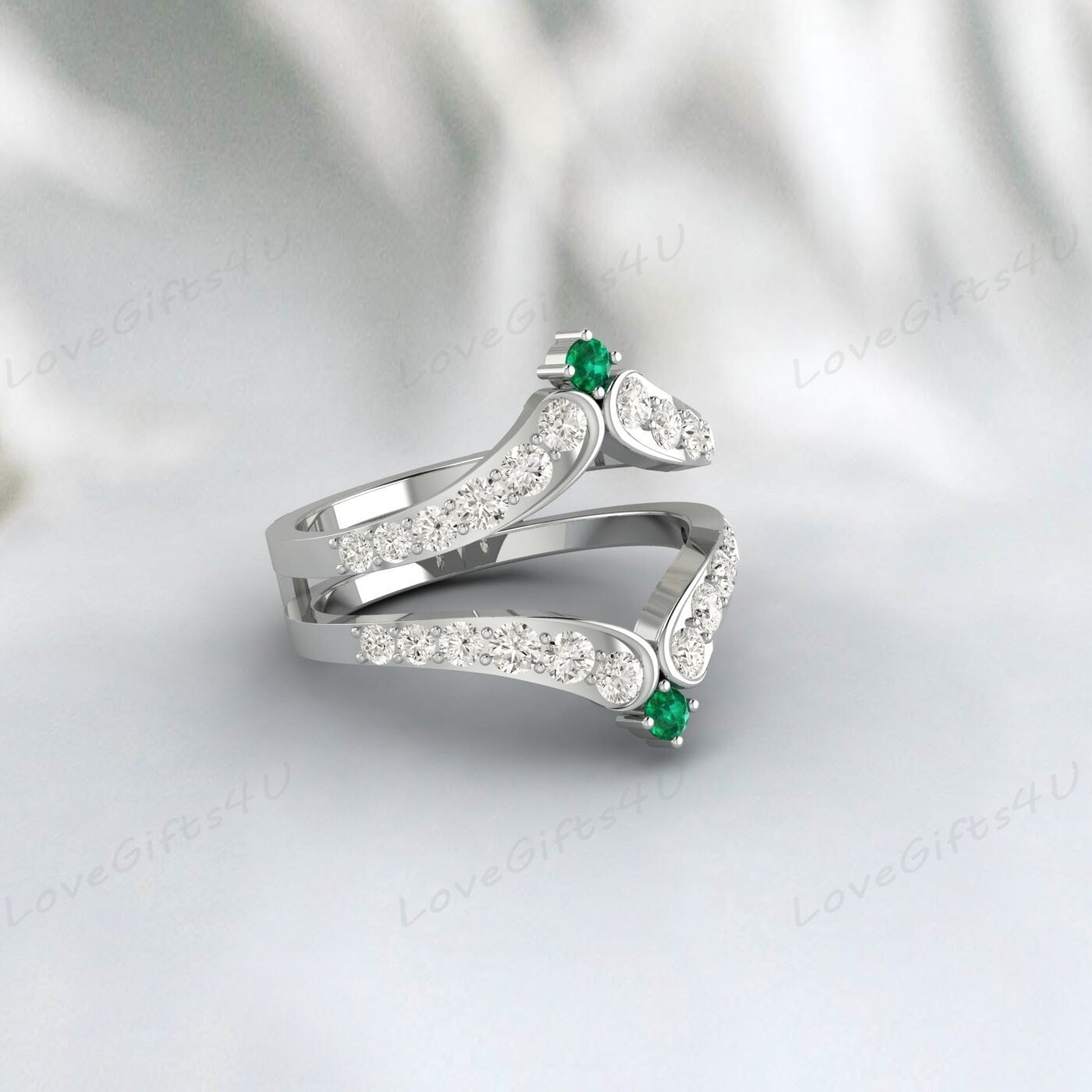 Bague de garde rehausseur d'émeraude verte et de diamant, bague Wra rehausseur de mariage