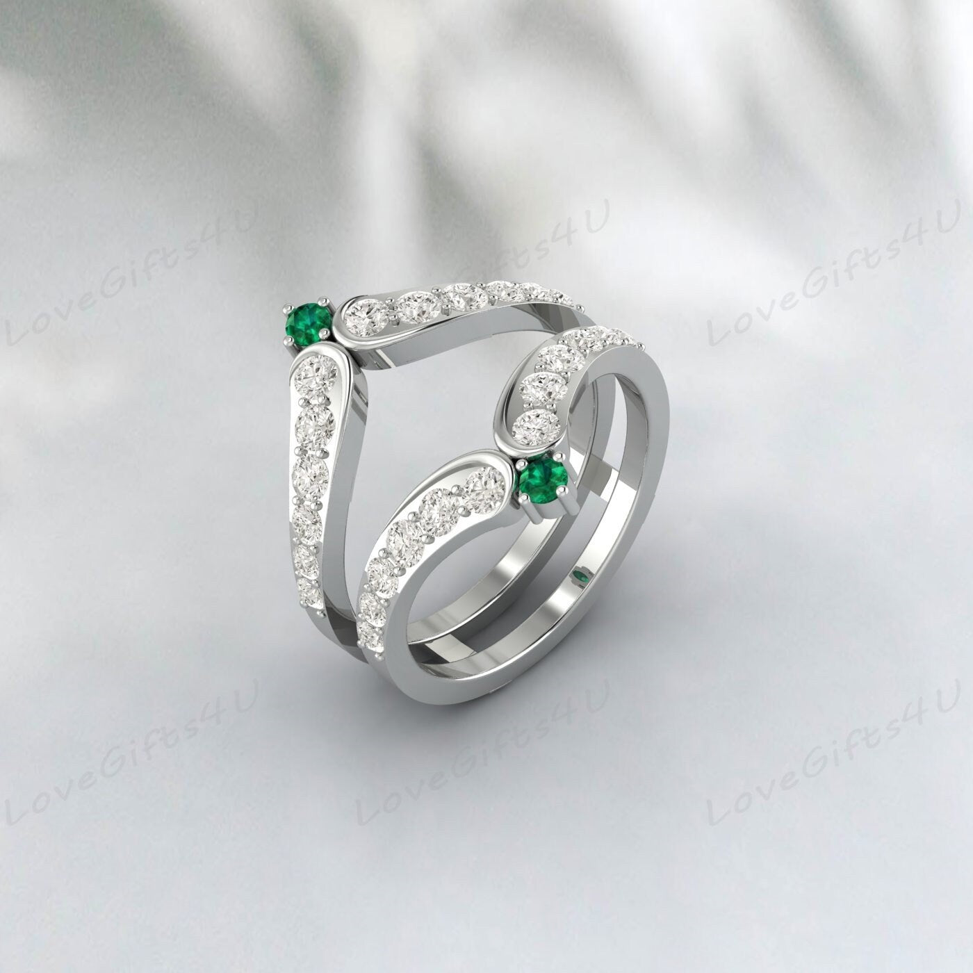 Green Emerald & Diamond Enhancer Guard Ring Wedding Enhancer Wra Ring