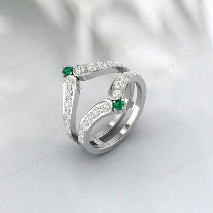 Bague de garde rehausseur d'émeraude verte et de diamant, bague Wra rehausseur de mariage