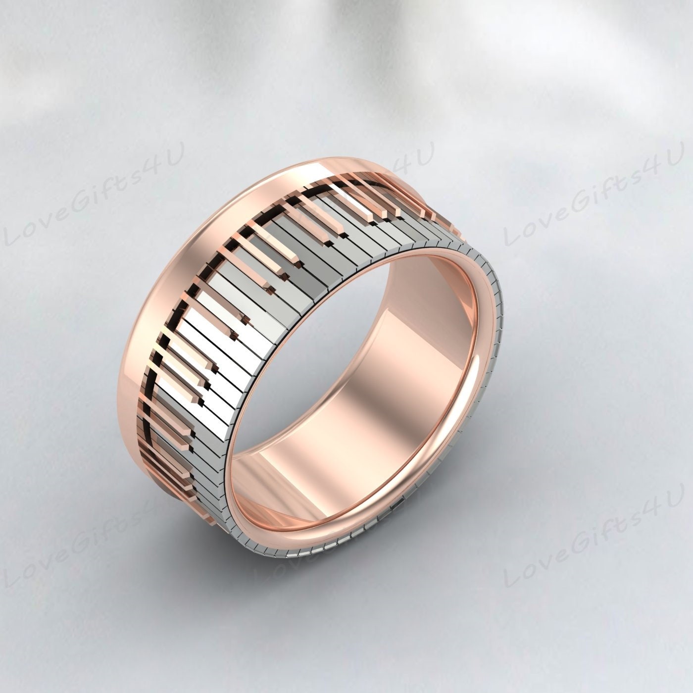 Piano Ring, 925 Sterling Silver Piano Jewelry, Music Ring, Rose Gold plating Band with Step Edge and Piano Key Pattern Laser Engraved