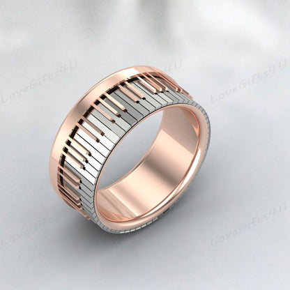 Bague de piano, bijoux de piano en argent sterling 925, bague de musique, bande plaquée or rose avec bord de marche et motif de touche de piano gravé au laser