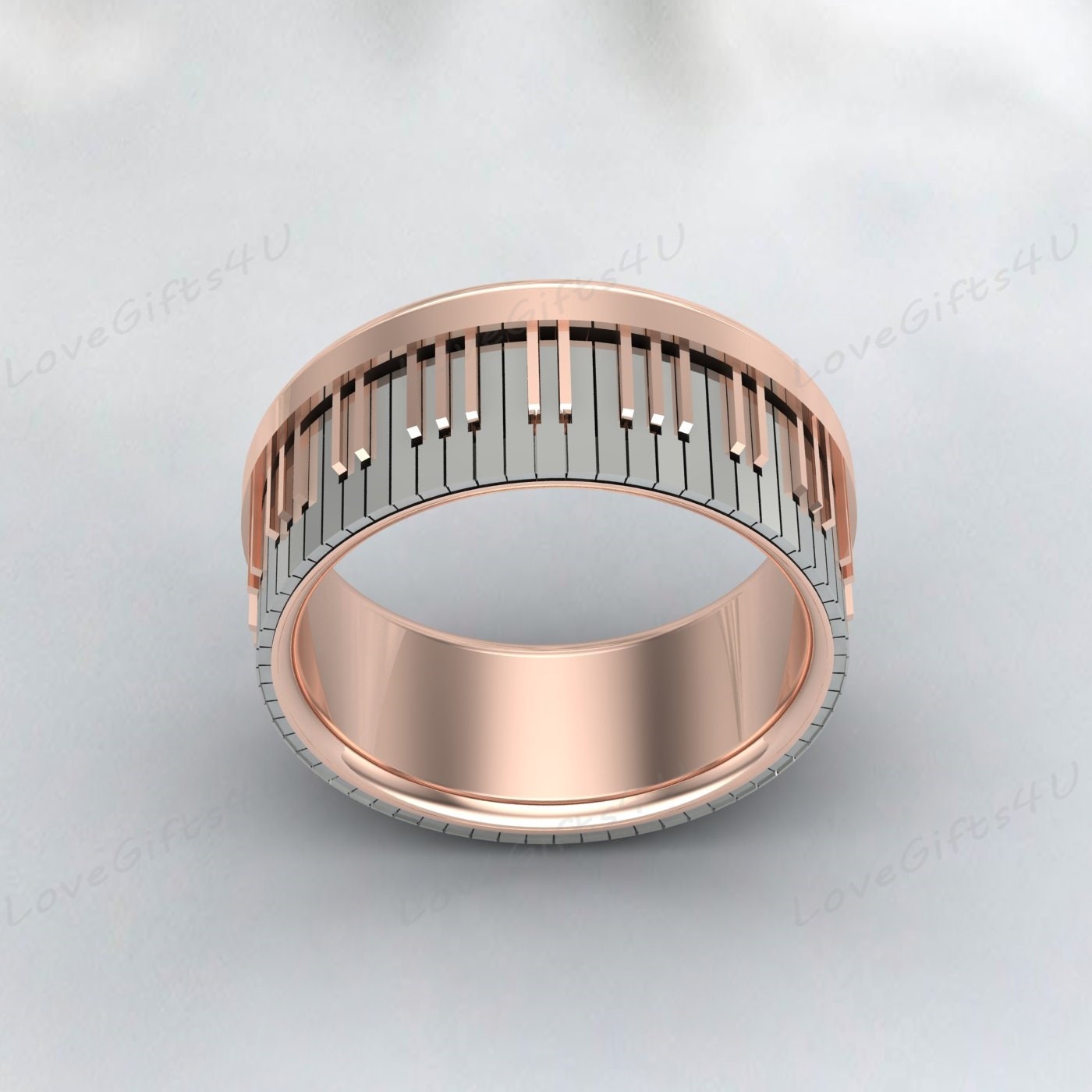 Piano Ring, 925 Sterling Silver Piano Jewelry, Music Ring, Rose Gold plating Band with Step Edge and Piano Key Pattern Laser Engraved