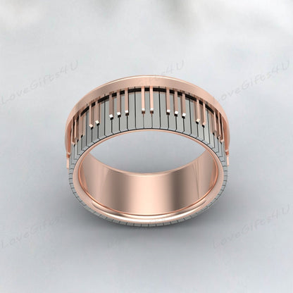 Piano Ring, 925 Sterling Silver Piano Jewelry, Music Ring, Rose Gold plating Band with Step Edge and Piano Key Pattern Laser Engraved