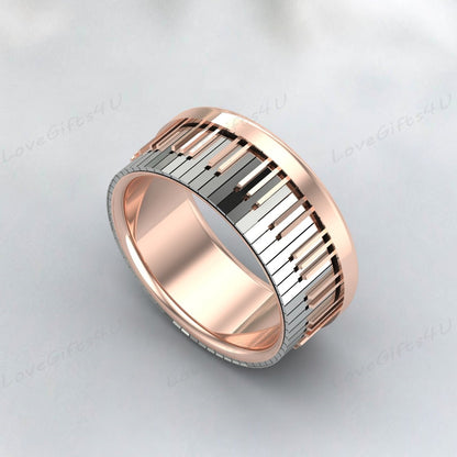 Bague de piano, bijoux de piano en argent sterling 925, bague de musique, bande plaquée or rose avec bord de marche et motif de touche de piano gravé au laser