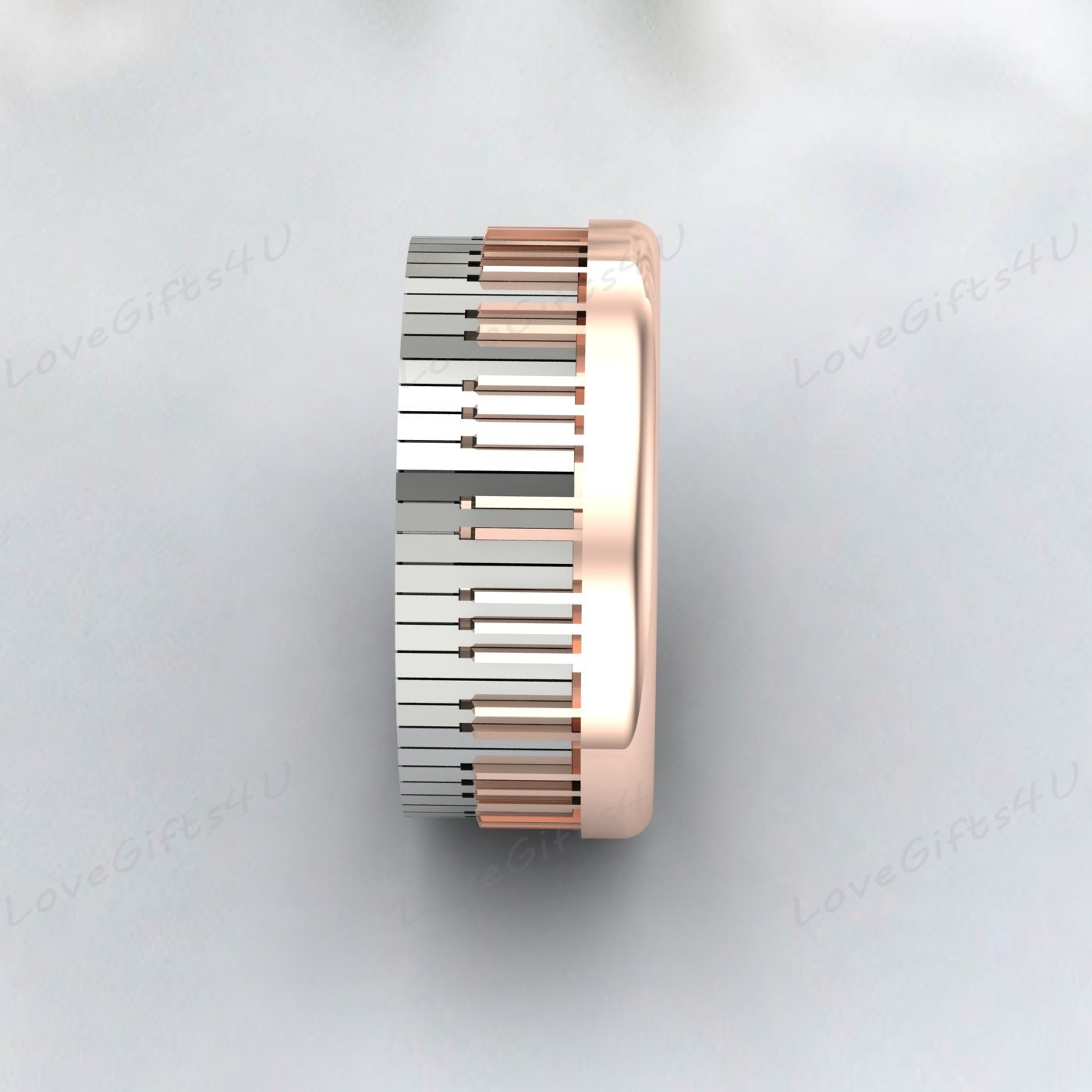 Piano Ring, 925 Sterling Silver Piano Jewelry, Music Ring, Rose Gold plating Band with Step Edge and Piano Key Pattern Laser Engraved