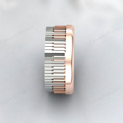 Piano Ring, 925 Sterling Silver Piano Jewelry, Music Ring, Rose Gold plating Band with Step Edge and Piano Key Pattern Laser Engraved