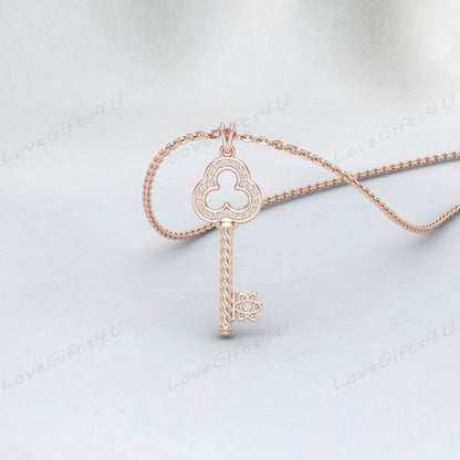 Collier pendentif clé en diamant, collier de charme clé en diamant en or massif 14 carats 18 carats 10 carats, cadeau de la Saint-Valentin pour femme, cadeau de nouvelle maman pour mère