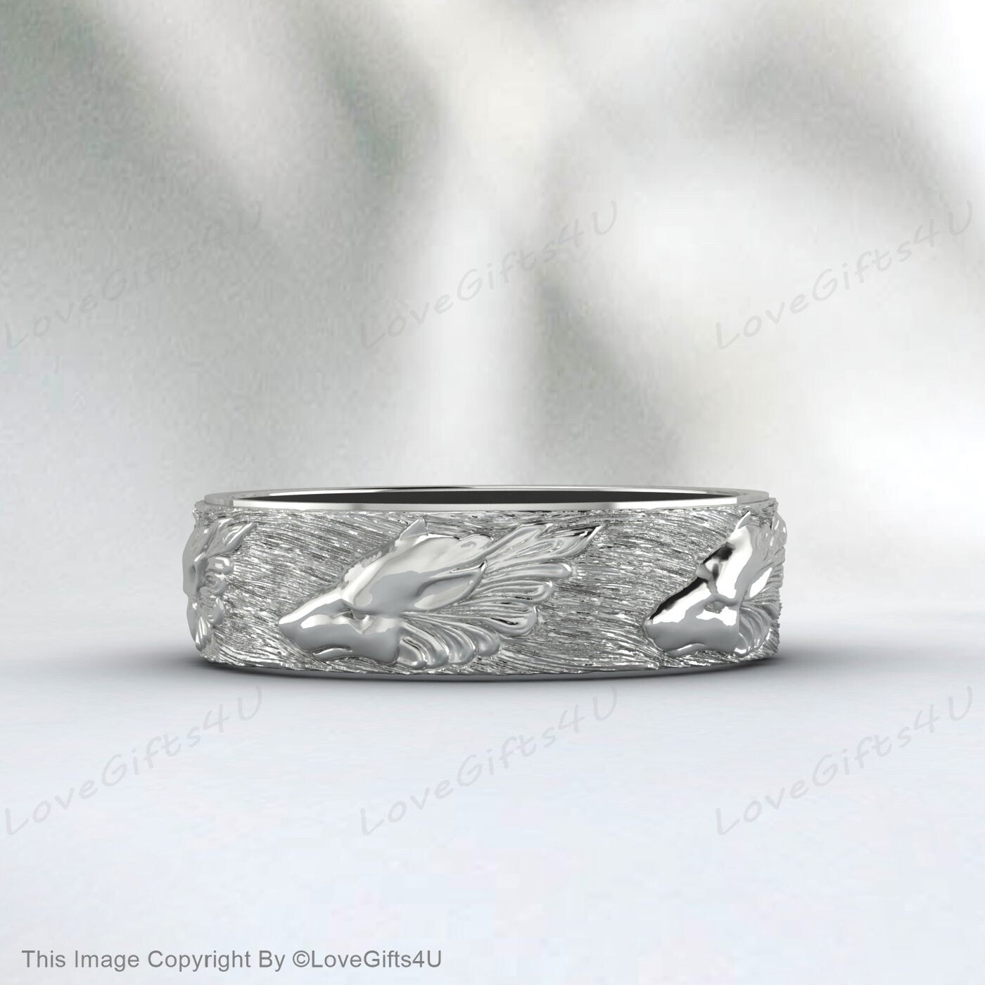 Bague branche de forêt en argent loup sur arbre pause bague artistique pour hommes