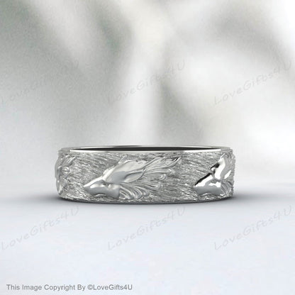 Silver Forest Branch Ring Wolf On Tree Break Artistic Mens Band Ring