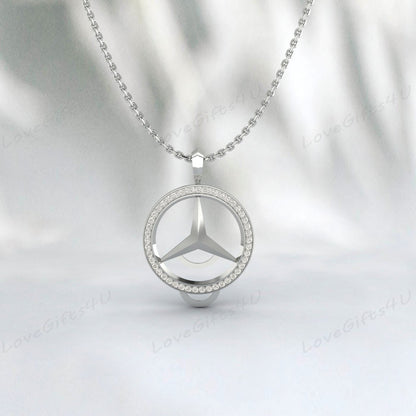 925 Sterling Silver Diamond Cut Mercedes Benz Emblem Pendant Reversable, Mercedes Charm Necklace, Simulated Diamond Pendant, Gift For Friend