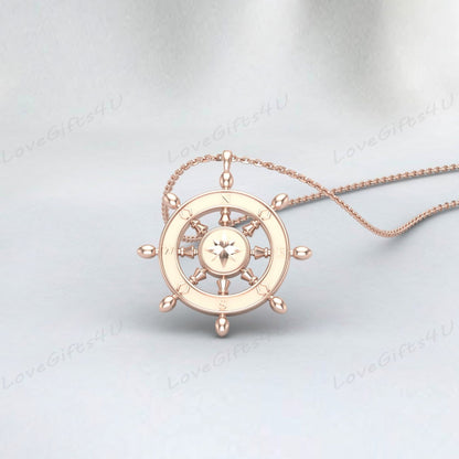 Gold Ship's Wheel Pendant, Silver 925 Ship's Wheel Pendant, Ship's Wheel Necklace, Compass Pendant, Compass Necklace, Men's Compass Pendant