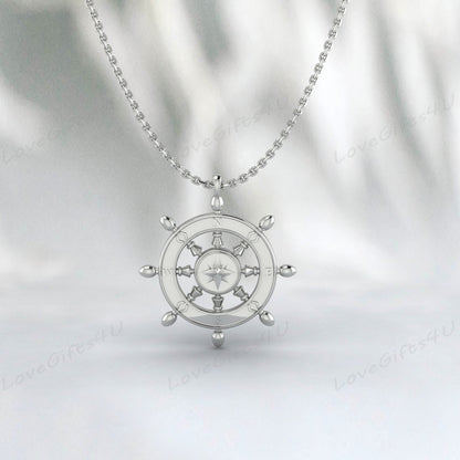 Gold Ship's Wheel Pendant, Silver 925 Ship's Wheel Pendant, Ship's Wheel Necklace, Compass Pendant, Compass Necklace, Men's Compass Pendant