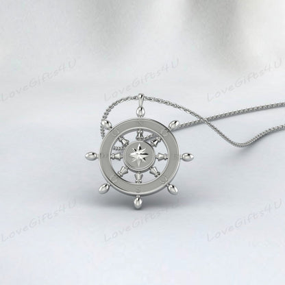 Gold Ship's Wheel Pendant, Silver 925 Ship's Wheel Pendant, Ship's Wheel Necklace, Compass Pendant, Compass Necklace, Men's Compass Pendant