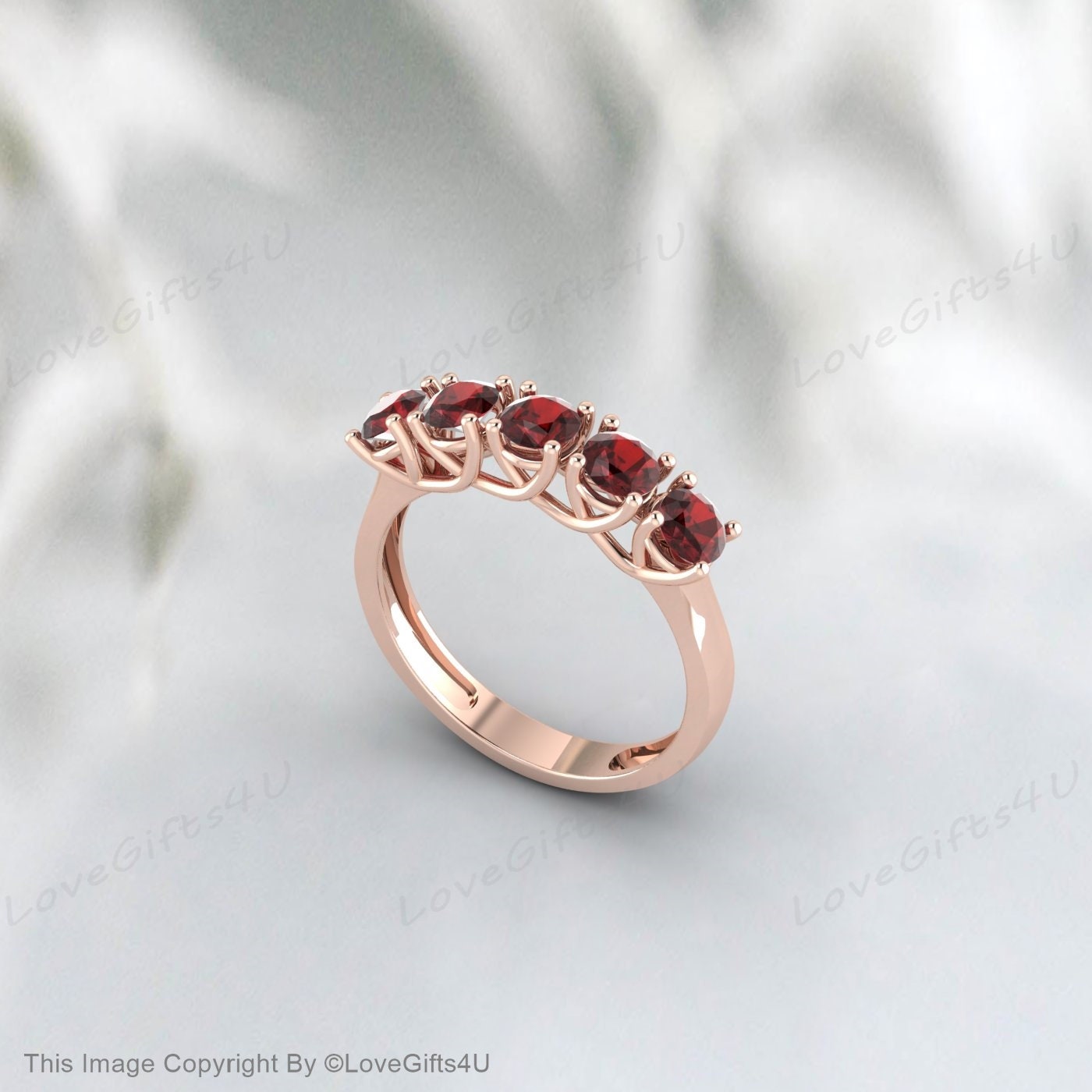 Red Garnet Silver Ring 5 Stone Ring Anniversary Band Wedding Band