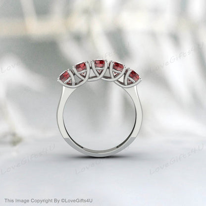 Red Garnet Silver Ring 5 Stone Ring Anniversary Band Wedding Band