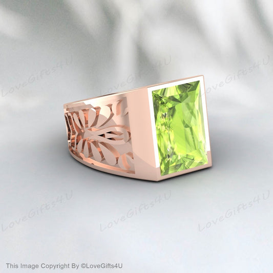 Green Peridot Ring Silver Mens Wedding Ring Engagement Ring For Men