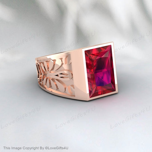 Vintage Red Ruby Signet Ring For Men Silver Red Gemstone Ring For Men