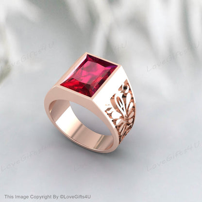 Vintage Red Ruby Signet Ring For Men Silver Red Gemstone Ring For Men