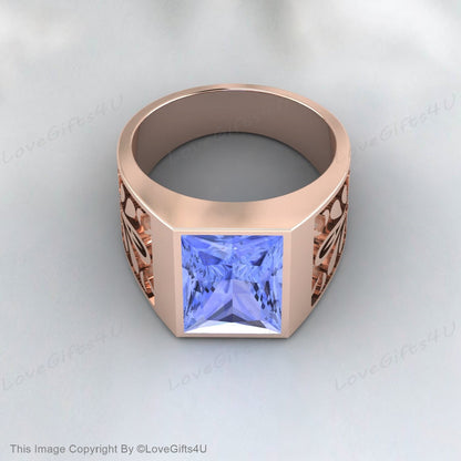 Blue Tanzanite Ring Silver Signet Men Engagement Ring Promise Ring