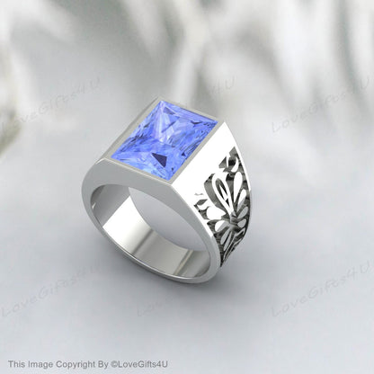 Blue Tanzanite Ring Silver Signet Men Engagement Ring Promise Ring