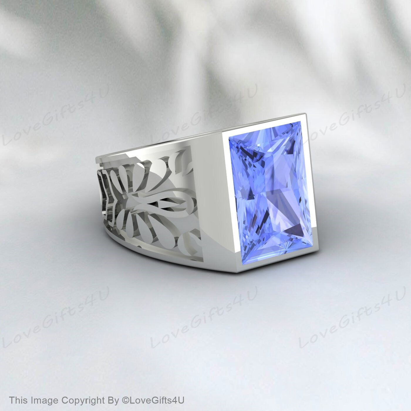 Blue Tanzanite Ring Silver Signet Men Engagement Ring Promise Ring