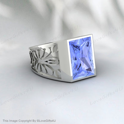 Blue Tanzanite Ring Silver Signet Men Engagement Ring Promise Ring