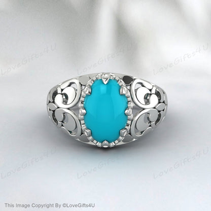 Bague Turquoise en argent faite à la main pour hommes, bague gravée, cadeau d'anniversaire