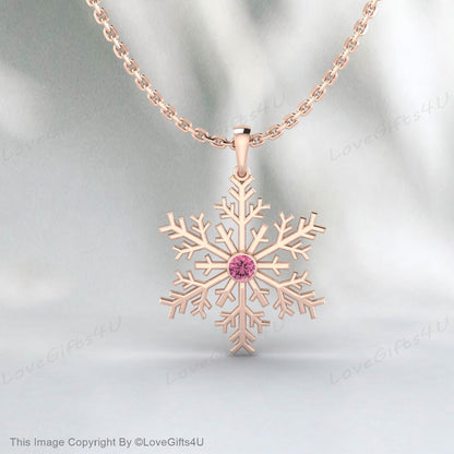 Pink Tourmaline Snowflake Necklace 925 Sterling Silver for Women Frozen Winter Dainty Jewelry Handmade Pendant Everyday Girls Gifts