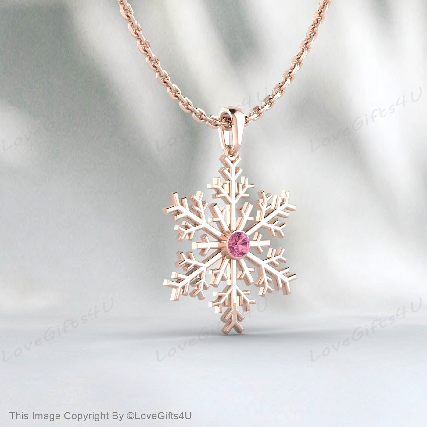 Pink Tourmaline Snowflake Necklace 925 Sterling Silver for Women Frozen Winter Dainty Jewelry Handmade Pendant Everyday Girls Gifts